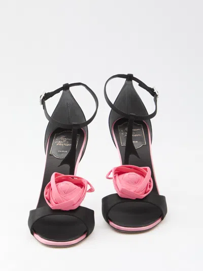 Roger Vivier Rose Vivier Satin T-strap Sandal In Black