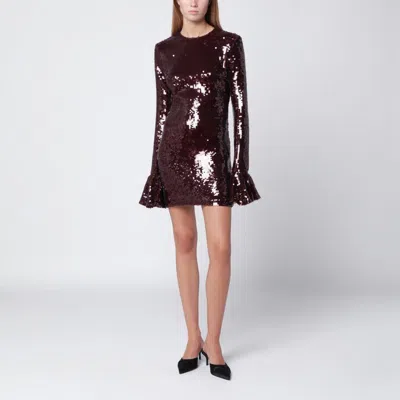 Rotate Birger Christensen Bordeaux Sequin Crewneck Mini Dress With Flared Sleeves In Tech Fabric Stretch Woman In Burgundy