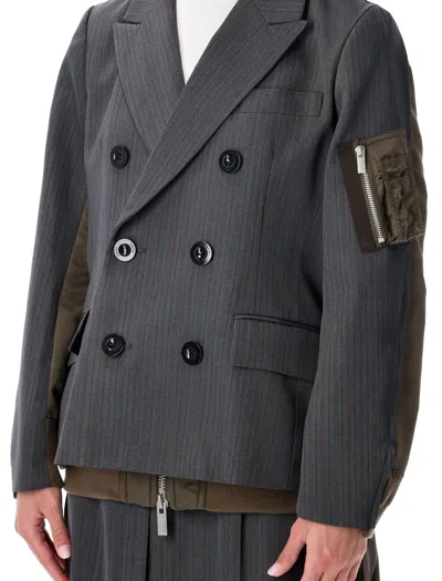 Sacai Wool And Twill Double-breasted Blazer In Black