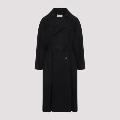 Saint Laurent Double-breasted Long Coat In Grain De Poudre In Black