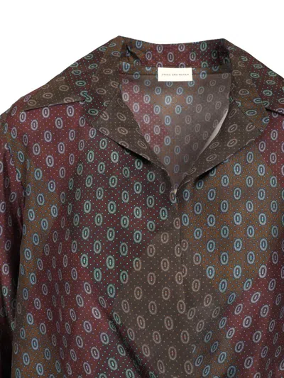 Dries Van Noten 01160-cedal 2127 Argyle Tie Motif Printed Silk Habotai Shirt Shirts Bordeaux In Multi