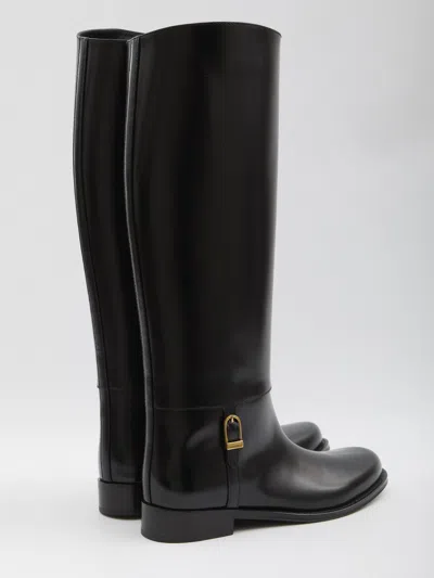 Saint Laurent Black Horny Leather Boots In Black