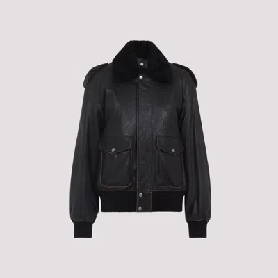 Saint Laurent Black Lambskin And Shearling Bomber Jacket In Black
