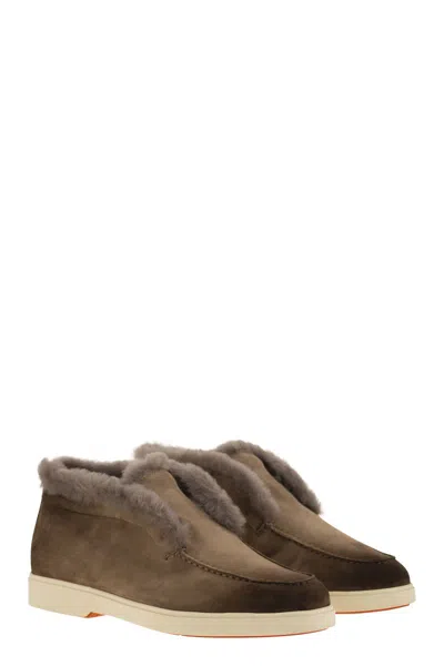 Santoni Suede And Fur Desert Boot In Brown