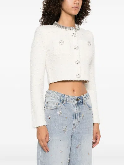 Self-portrait Cropped Sweater With Textured Boucle Knit And Crystal Embellishments