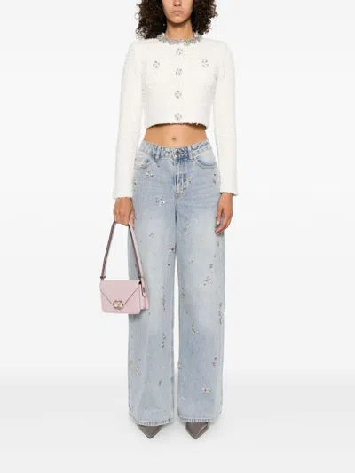 Self-portrait Cropped Sweater With Textured Boucle Knit And Crystal Embellishments In Multi