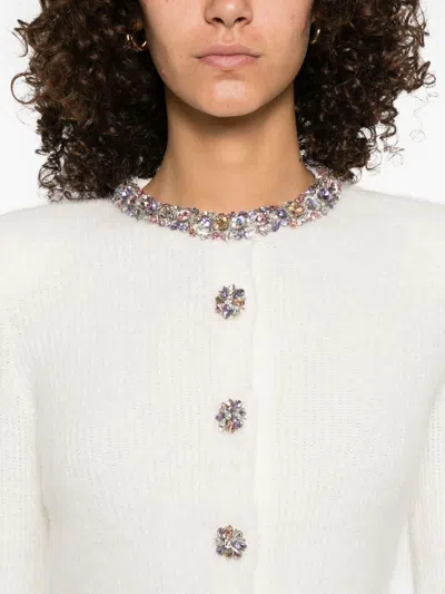 Self-portrait Cropped Sweater With Beaded Trim In White
