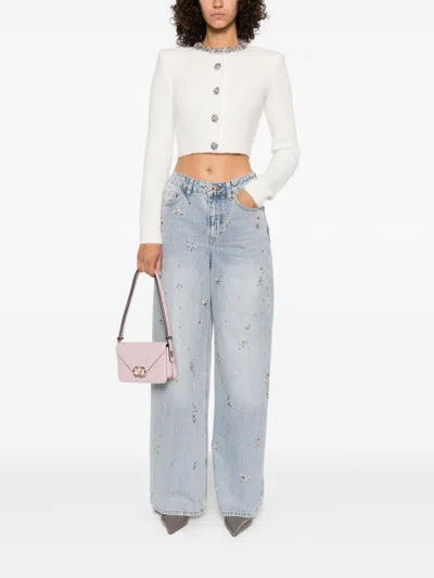 Self-portrait Cropped Sweater With Beaded Trim In White