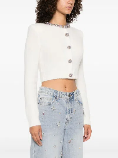 Self-portrait Cropped Sweater With Beaded Trim In White