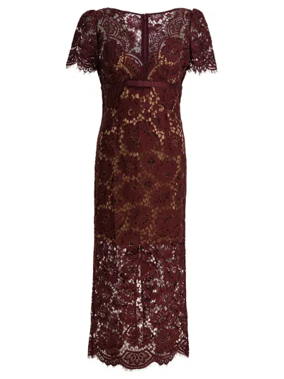 Self-portrait Womens Burgundy Floral Lace Bow-embellished Woven Midi Dress