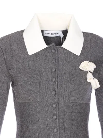 Self-portrait Grey Crochet Flower Collared Knit Mini Dress Clothing In Gray
