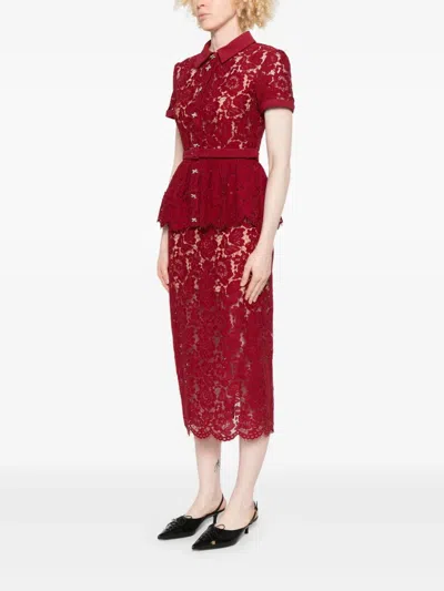 Self-portrait Bordeaux Lace Peplum Midi Dress In Red