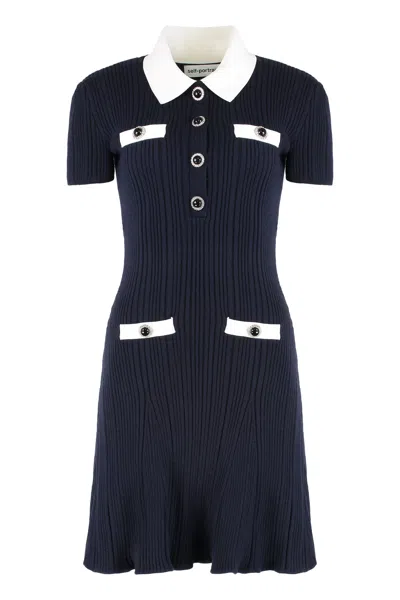 Self-portrait Flared Hem Dress Ribbed Texture In Blue