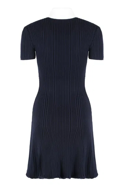 Self-portrait Flared Hem Dress Ribbed Texture In Blue