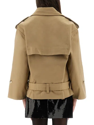 Self-portrait Beige Gabardine Trench Jacket In Brown