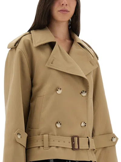 Self-portrait Beige Gabardine Trench Jacket In Brown