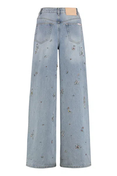 Self-portrait Jeans With Rhinestone Flowers In Blue
