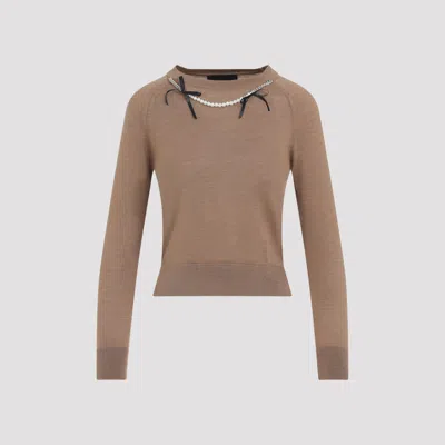 Simone Rocha Fitted Long-sleeve Sweater With Pearl Accents And Ribbon Detail In Brown