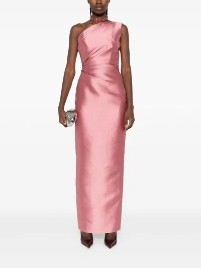 Solace London Kira Draped One-shoulder Satin Gown In Pink