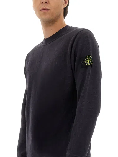 Stone Island Organic Cotton Crew Neck Sweater With English Ribs Knitwear Blue In Black