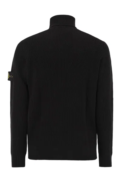 Stone Island Finely Ribbed Turtleneck Sweater In Black