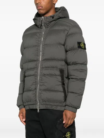 Stone Island Quilted Hooded Down Jacket With Distinctive Patch Logo In Gray