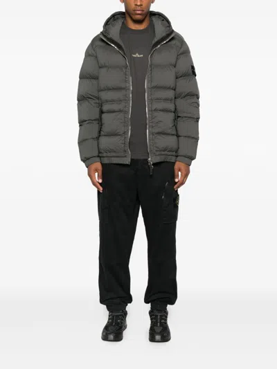 Stone Island Quilted Hooded Down Jacket With Distinctive Patch Logo In Gray