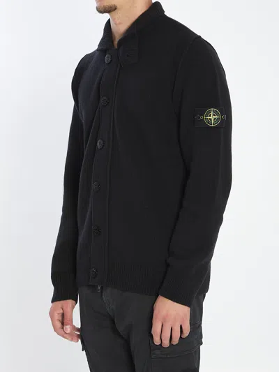 Stone Island Knit Button-up Jumper In Lamb Wool And Nylon Blend Knitwear Black In Black