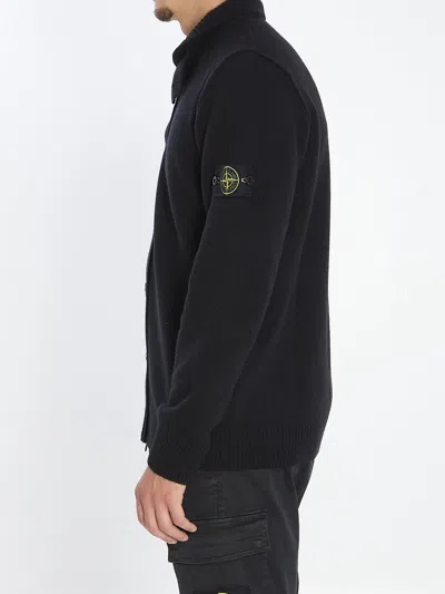Stone Island Knit Button-up Jumper In Lamb Wool And Nylon Blend Knitwear Black In Black
