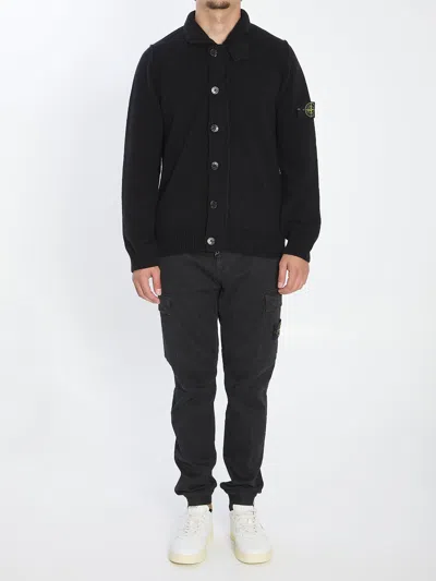 Stone Island Knit Button-up Jumper In Lamb Wool And Nylon Blend Knitwear Black In Black