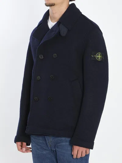 Stone Island Felt Pea Coat Knitwear Blue In Blue