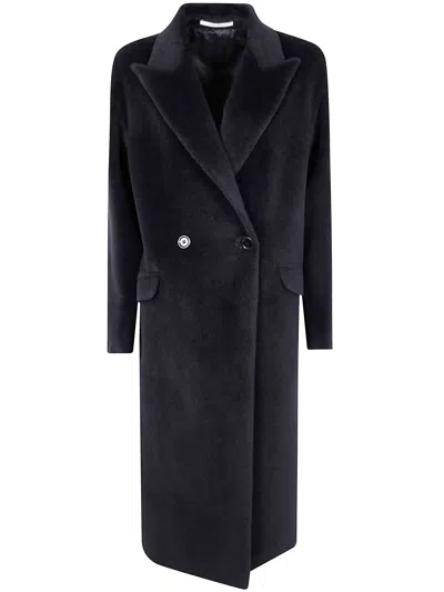 Tagliatore Long Notched Lapel Coat With Flap Pockets In Blue