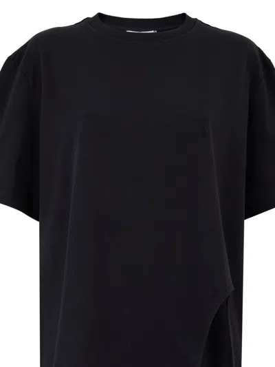 Attico The  Black Cotton T-shirt With Front Embroidered Logo And Side Vent In Blue