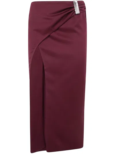 Attico Draped Midi Skirt With Front Slit And Metal In Burgundy