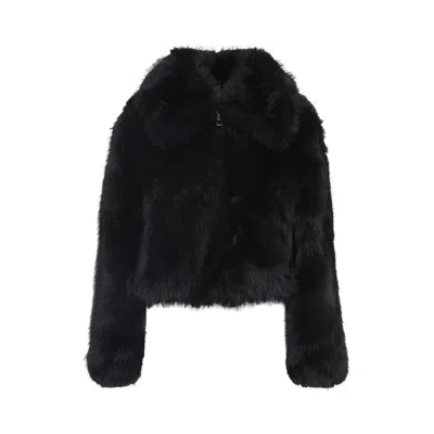 The Frankie Shop Voluminous Cropped Jacket With Plush Faux Fur Texture In Black