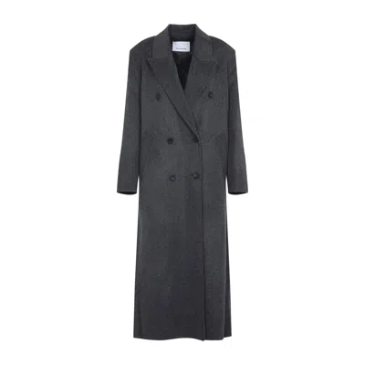 The Frankie Shop Dark Grey Melange Wool Double Breasted Coat In Blue