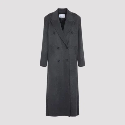 The Frankie Shop Dark Grey Melange Wool Double Breasted Coat In Blue