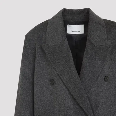 The Frankie Shop Dark Grey Melange Wool Double Breasted Coat In Blue