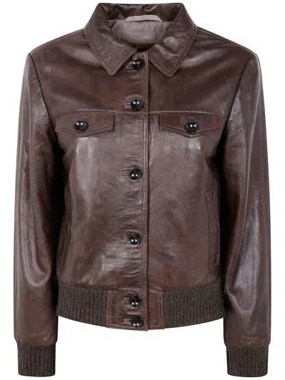 The Jackie Leathers Button-fastening Flap-pocket Leather Jacket In Brown