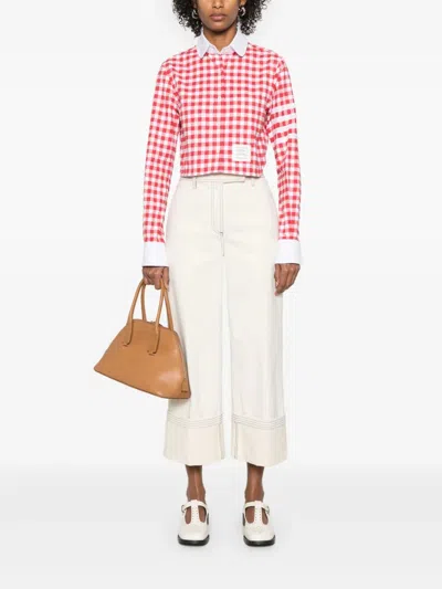 Thom Browne 4-bar Gingham Check Flannel Crop Button-up Shirt In Pink