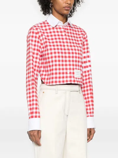 Thom Browne 4-bar Gingham Check Flannel Crop Button-up Shirt In Pink