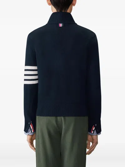 Thom Browne Jersey Stitch Funnel Neck Half Zip Pullover In Merino Wool With 4 Bar Stripe In Blue