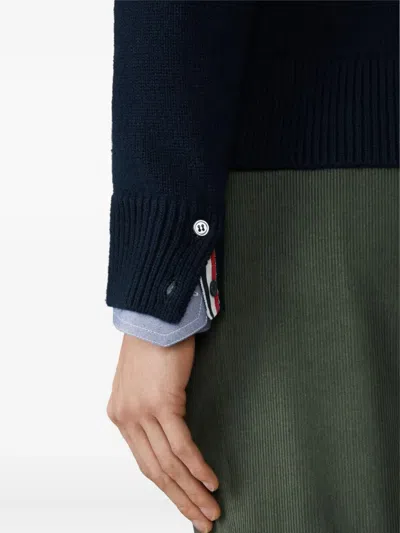 Thom Browne Jersey Stitch Funnel Neck Half Zip Pullover In Merino Wool With 4 Bar Stripe In Blue