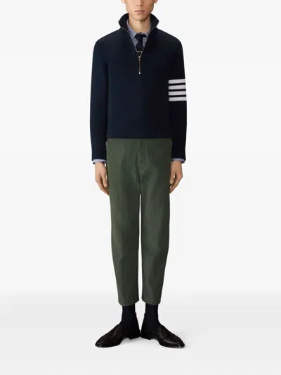 Thom Browne Jersey Stitch Funnel Neck Half Zip Pullover In Merino Wool With 4 Bar Stripe In Blue