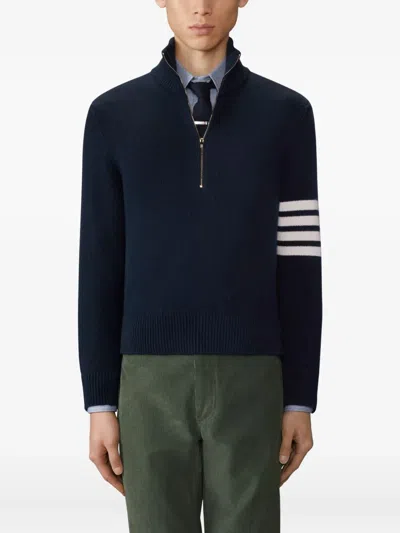Thom Browne Jersey Stitch Funnel Neck Half Zip Pullover In Merino Wool With 4 Bar Stripe In Blue