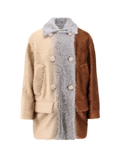 Fendi Wool Coat With Button Embellishments And Pockets In Multi