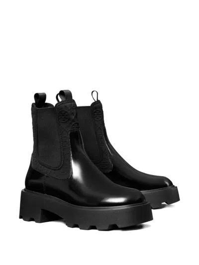 Tory Burch Black Leather And Fabric Chelsea Ankle Boots In Black