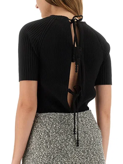 Tory Burch Ribbed Short-sleeve Pullover With Ties And Open Back In Black