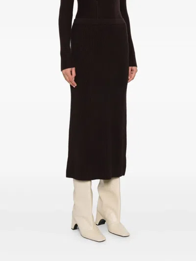 Twinset Ribbed Knit Midi Skirt With Subtle Back Slit In Brown