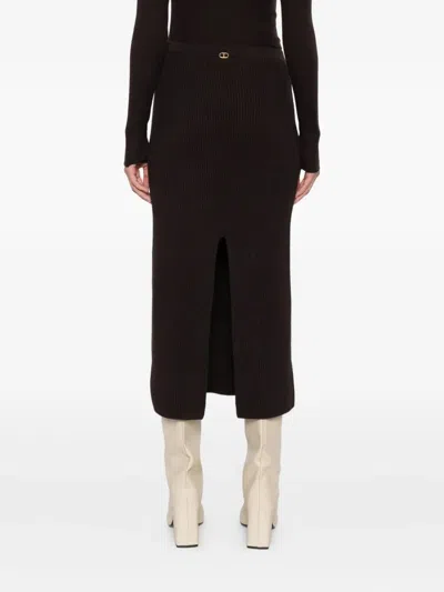 Twinset Ribbed Knit Midi Skirt With Subtle Back Slit In Brown